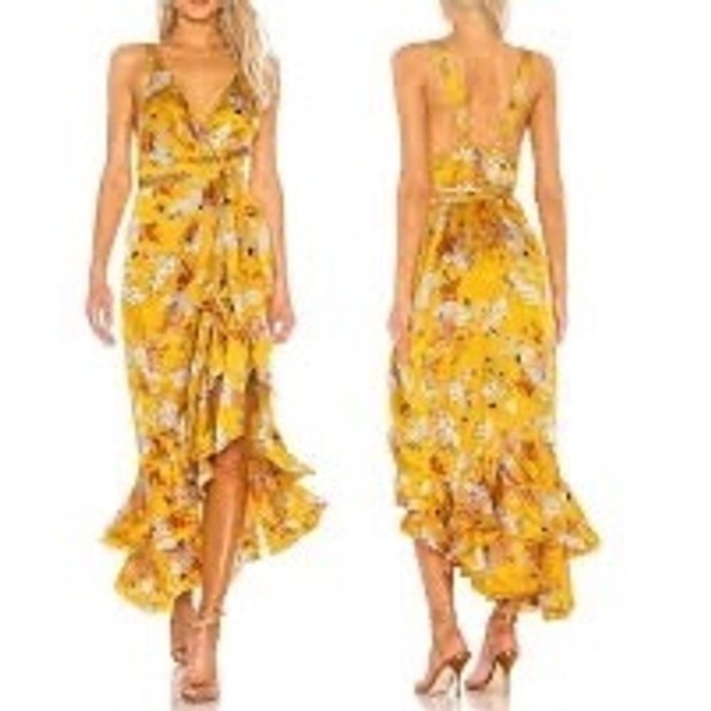 Bronx and Banco Yellow Floral Silk Blend Ruffle High Low Maxi Dress Size M e5